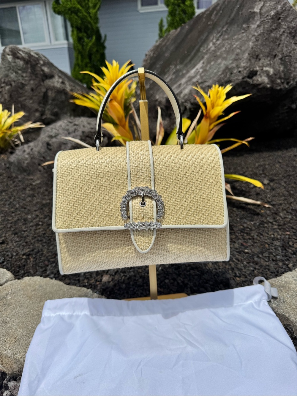 Jimmy Choo Bon Bon Crystal Buckle Raffia Top Handle Bag w/ Dust Bag